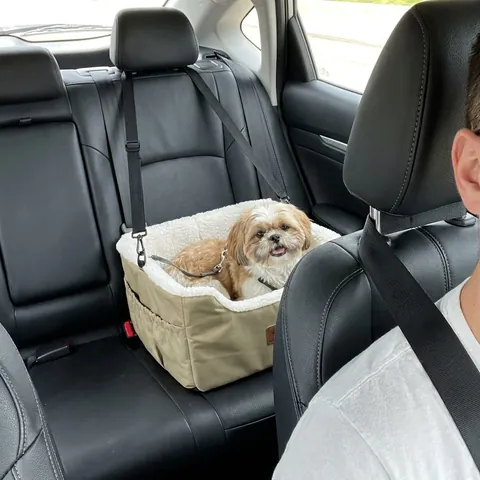 Shih Tzu sentado en el asiento canasta, enganchado al arnés